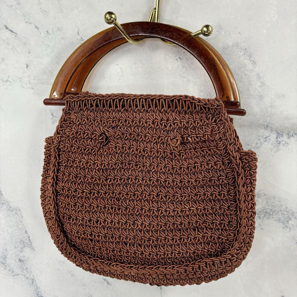 Vintage 60s Macrame Handbag Purse Lucite Handles Made In Italy Retro Hippy chic - Picture 13 of 16